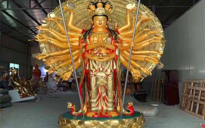 景區玻璃鋼彩繪貼金千手觀音雕塑