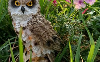 公園草叢中一只玻璃鋼仿真動物貓頭鷹雕塑