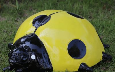 草地上擺放的大號黃色玻璃鋼卡通七星瓢蟲雕塑
